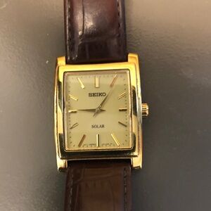 Mens Seiko Gold-Tone Rectangular Solar Watch with Brown Strap